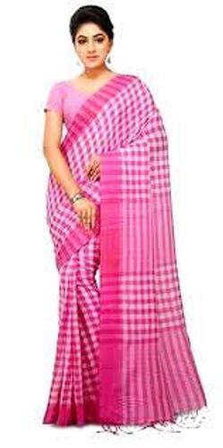 Pink Daily Wear Lightweight Checked Cotton Traditional Saree For Ladies 