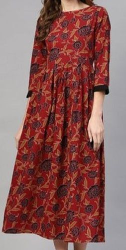 Maroon Multi-Colored Floral Printed Dress with Round Neck & Detailed Pleated Sleeves