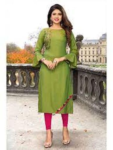 3/4 Pattern Sleeve Round Necklines Embroidered Ladies Fancy Green Kurtis 