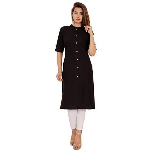 Washable Formal Wear 3/4Th Sleeves Regular Fit Plain Cotton Black Kurta For Ladies