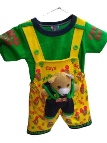 Kids Printed Short Sleeves Fancy Casual Dress Set Of T-shirt And Dungaree With Attached Teddy