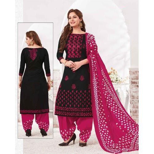 Black And Pink Ladies Printed Cotton Round Neck 3/4Th Sleeves Party Wear Salwar Suits