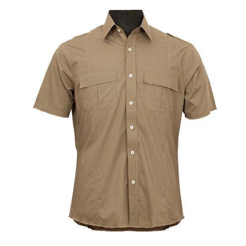 Light Brown Mens Casual Wear Half Sleeves Classic Collar Plain Polyester Shirt