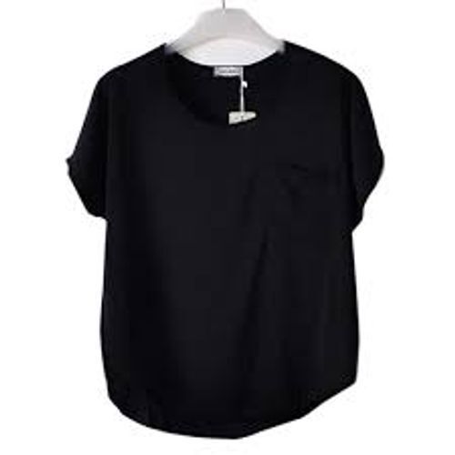 Short Sleeve Round Neckline Stylish Chiffon Black Top For Ladies