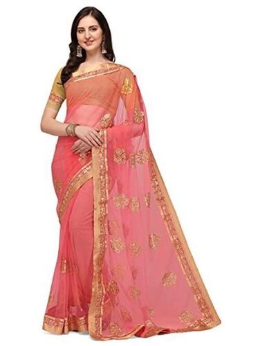 Peach Anti Wrinkle Party Wear Embroidered Net Fancy Saree For Ladies