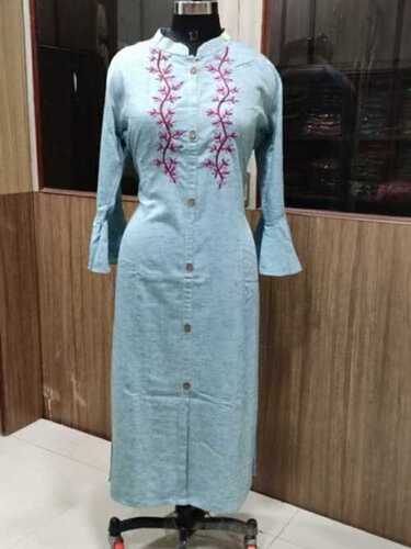 Silver Full Sleeves Exquisite Design And Shrink Resistance Cotton Kurtis