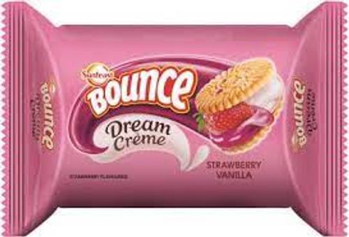 Round Sunfeast Bounce Dream Cream Strawberry Vanilla Sandwich Biscuit  Fat Content (%): 1.8 Grams (G)