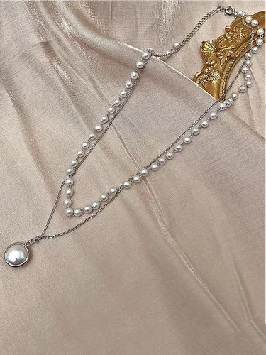 Silver Plated Double Layered Beads Pearl Drop Pendant Necklace Gender: Women