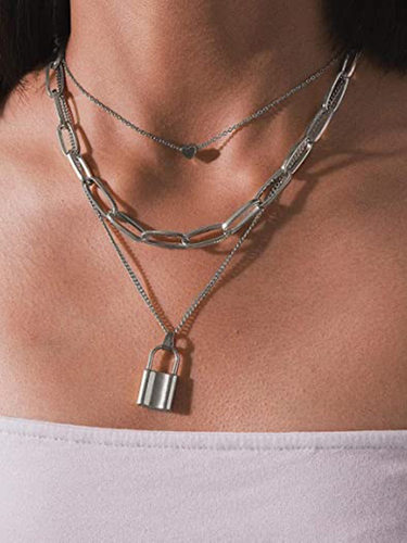 Gift Silver Triple Layered Heart And Lock Pendant Necklace