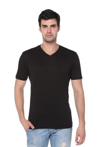 Stylish And Trendy Pure Cotton Short Sleeves Plain Black V-neck Men's T-shirts