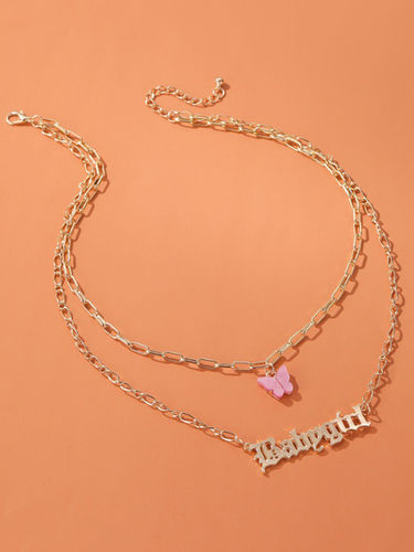 Golden Gold Plated Double Layered Pink Butterfly And Babygirl Word Necklace