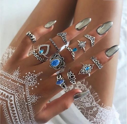 Eight Piece Crystal Drop Heart Multi Designs Ring Set – Vembley
