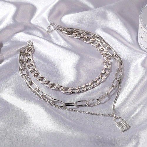 Silver Triple Layered Chunky Chain Studded Lock Pendant Necklace Size: Freesize