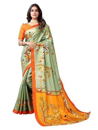 Casual Women'S Stylish Cost Friendly Green With Orange Printed Art Silk Sarees