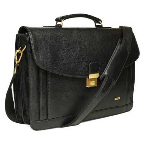 Golden 17X10 Inch Black Leather Office Briefcase Bag For Unisex