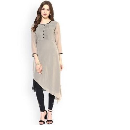 Light Brown Casual Wear 3/4Th Sleeve Ladies Georgette Plain Kurti