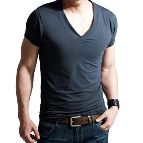 Black Plain Cotton Mens V Neck T Shirts For Casual Wear