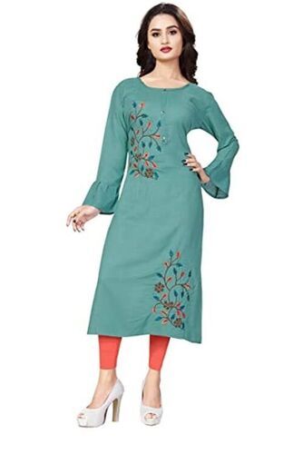 Aqua Round Neck And Full Sleeve Rayon Embroidered Kurti For Women