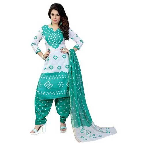 White And Light Green Semi-Stitched Full Sleeves Trendy Printed Ladies Cotton Salwar Suits