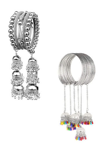 2 Silver Bangle Bracelet with Multicolor Beads Hanging Jhumki