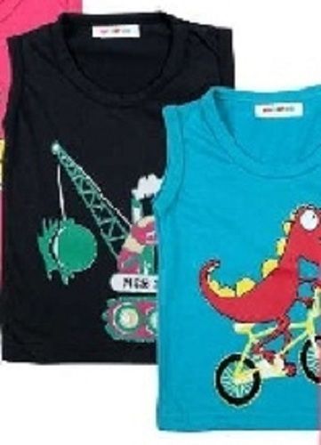 Casual Sleeveless Round Neck Black And Sky Blue Cotton Printed Kids T-Shirt