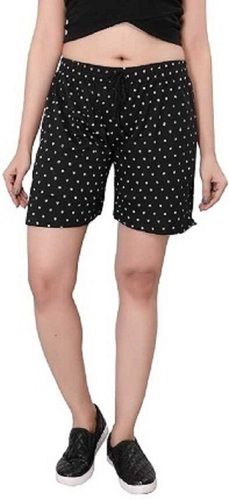 Casual Wear Regular Fit Thigh Length Black Dotted Cotton Shorts For Ladies