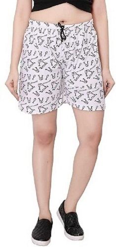 Casual Wear Regular Fit Thigh Length White Printed Cotton Shorts For Ladies