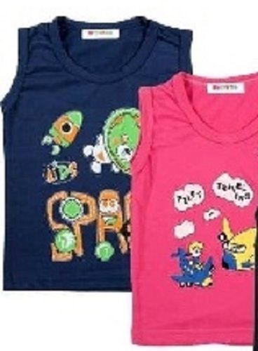 Casual Wear Sleeveless Round Neck Blue And Pink Cotton Printed Kids T-Shirt