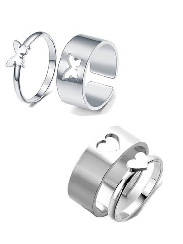 Combo Of 2 Elegance Silver Plated Heart Butterfly Couple Ring