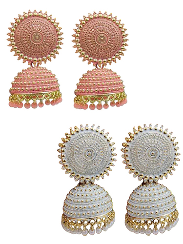 Combo of 2 Peach Pearls Drop Dome Shape Jhumki Earrings