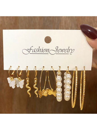 Combo Of 5 Golden Butterfly And Pearl Big Hoop Earrings