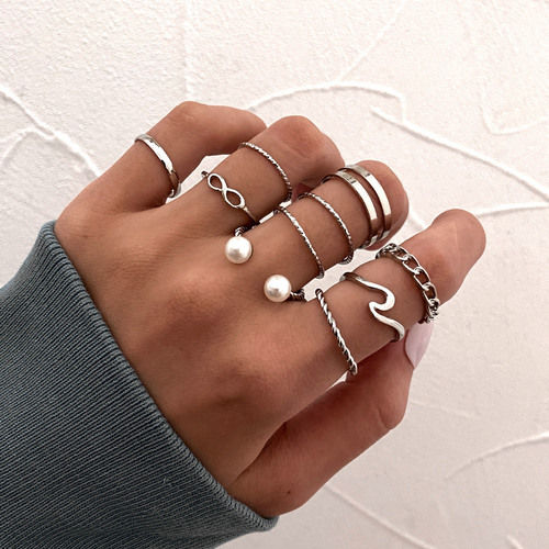 Silver Plated 10 Piece Infinity Chain Pearl Cross Ring Set Size: Onesize