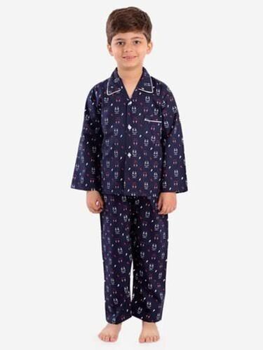 Blue 100 Percent Pure Cotton Full Sleeves Printed Pattern Kids Night Suit