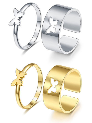 Combo of 2 Silver, Golden Butterfly Couple Ring Matching Wrap Ring