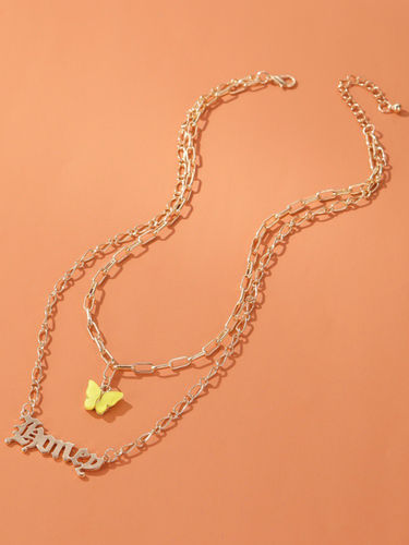 Double Layered Yellow Butterfly And Honey Word Necklace