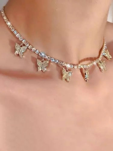 Gold Plated Diamond Studed Butterfly Choker Necklace Size: Freesize