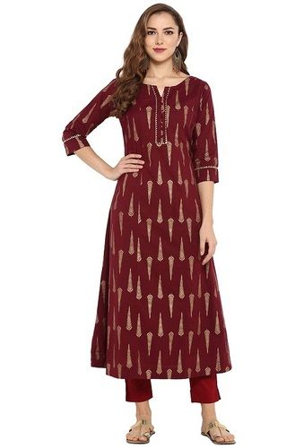 Red & Golden 3/4 Sleeves Printed Designer Cotton Foil Print A Line Suit For Ladies