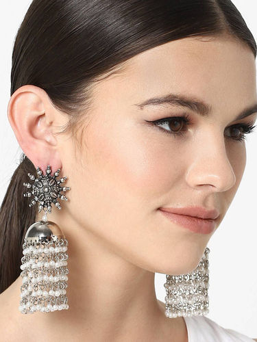 Earring Silver Pearls And Beads Chain Fringe Ethnic Jhumki Earring