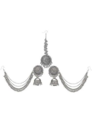 Silver Bahubali Jhumka Earrings With Maang Tikka Set Weight: 40 Grams (G)