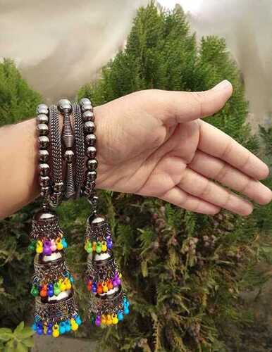 Silver Bangle Bracelet with Hanging Multicolor Beads Jhumki 