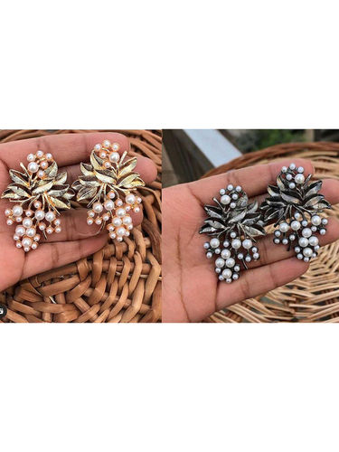 Combo Of 2 Gold And Silver Flower Pearl Stud Earrings Weight: 40 Grams (G)