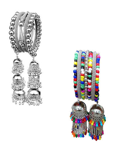 Combo Of 2 Silver Bangle Bracelet With Multicolor Beads Jhumki Diameter: 9 Inch (In)