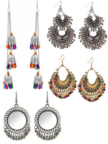 Combo Of 4 Oxidized Silver Mirror, Chandbali Jhumki Earrings Weight: 60 Grams (G)