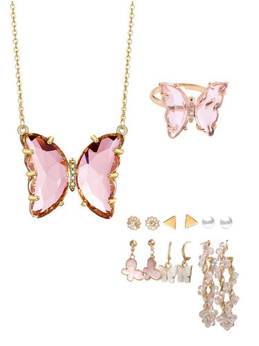 Combo Of Pink Crystal Butterfly Pendant And Earrings With Ring Gender: Women