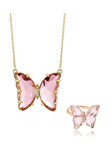 Combo of Pink Crystal Butterfly Pendant Necklace with Ring