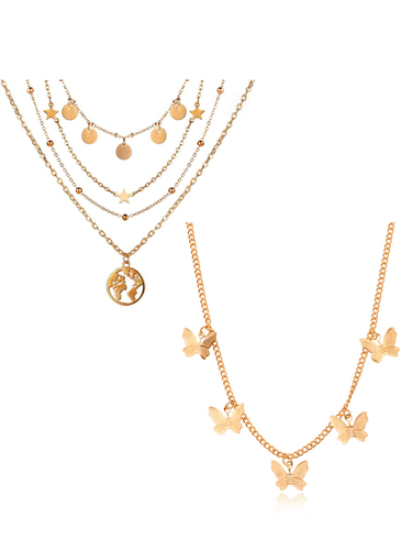 Golden Pack Of 2 Butterfly Coin And Earth Pendant Necklace