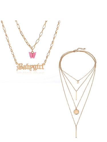 Pack Of 2 Layered Star Coin Line And Pink Butterfly Pendant Necklace Gender: Women