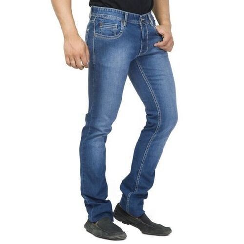 Plain Blue Color Men Narrow Jeans