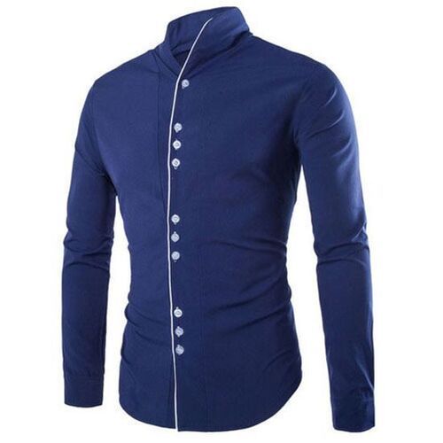 Plain Blue Color Mens Casual Shirts Collar Style: Straight