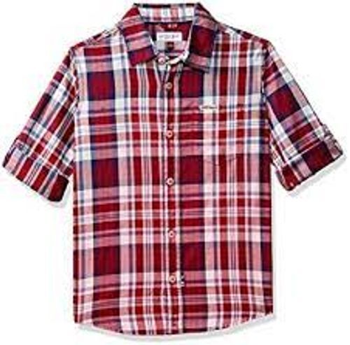 Red Skin Friendly Half Sleeves Casual Wear Kids Check Shirts